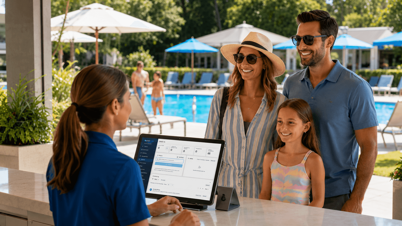 Front desk staff checking in a member family at the pool