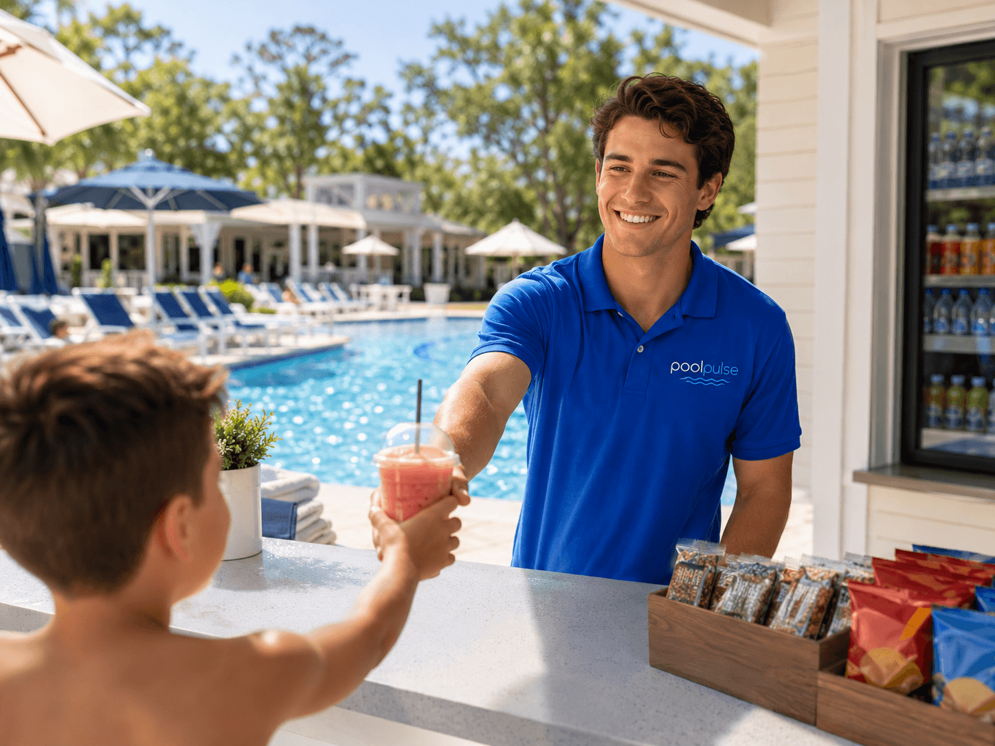 PoolPulse snack bar staff handing a drink to a child at the pool