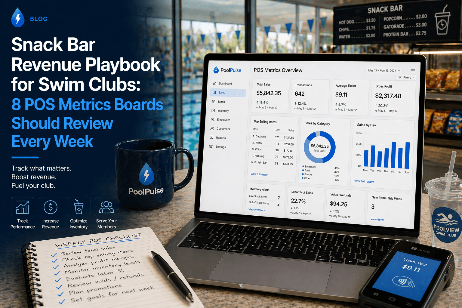 Editorial illustration for a snack bar revenue and POS metrics playbook