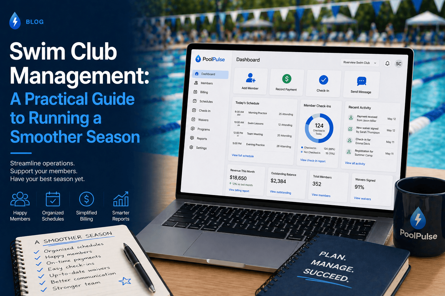 Swim club management dashboard showing member check-ins, billing, renewals, and POS activity.