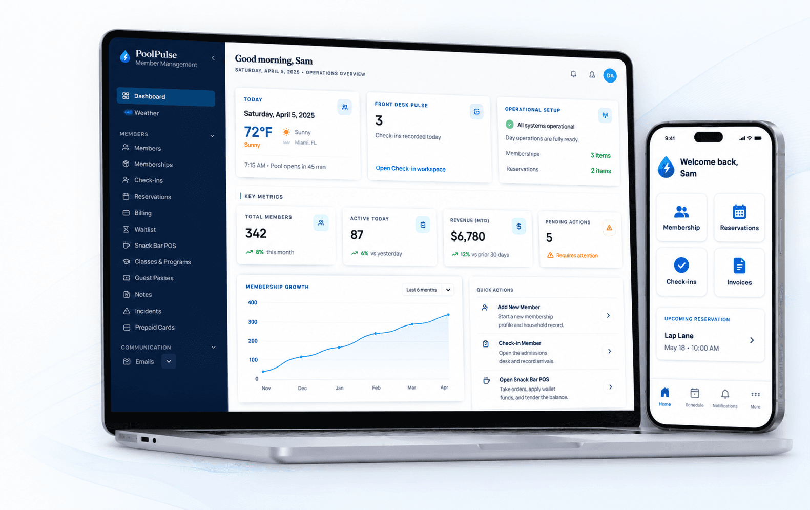 PoolPulse dashboard and mobile app for swim club and member management