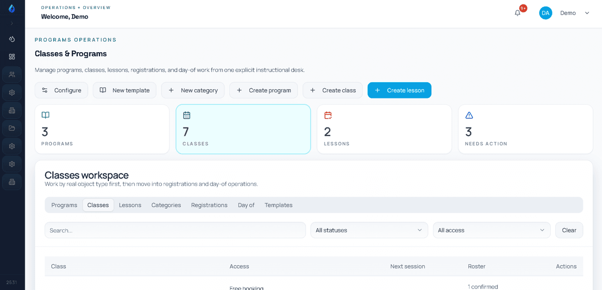 Swim club classes and programs management interface