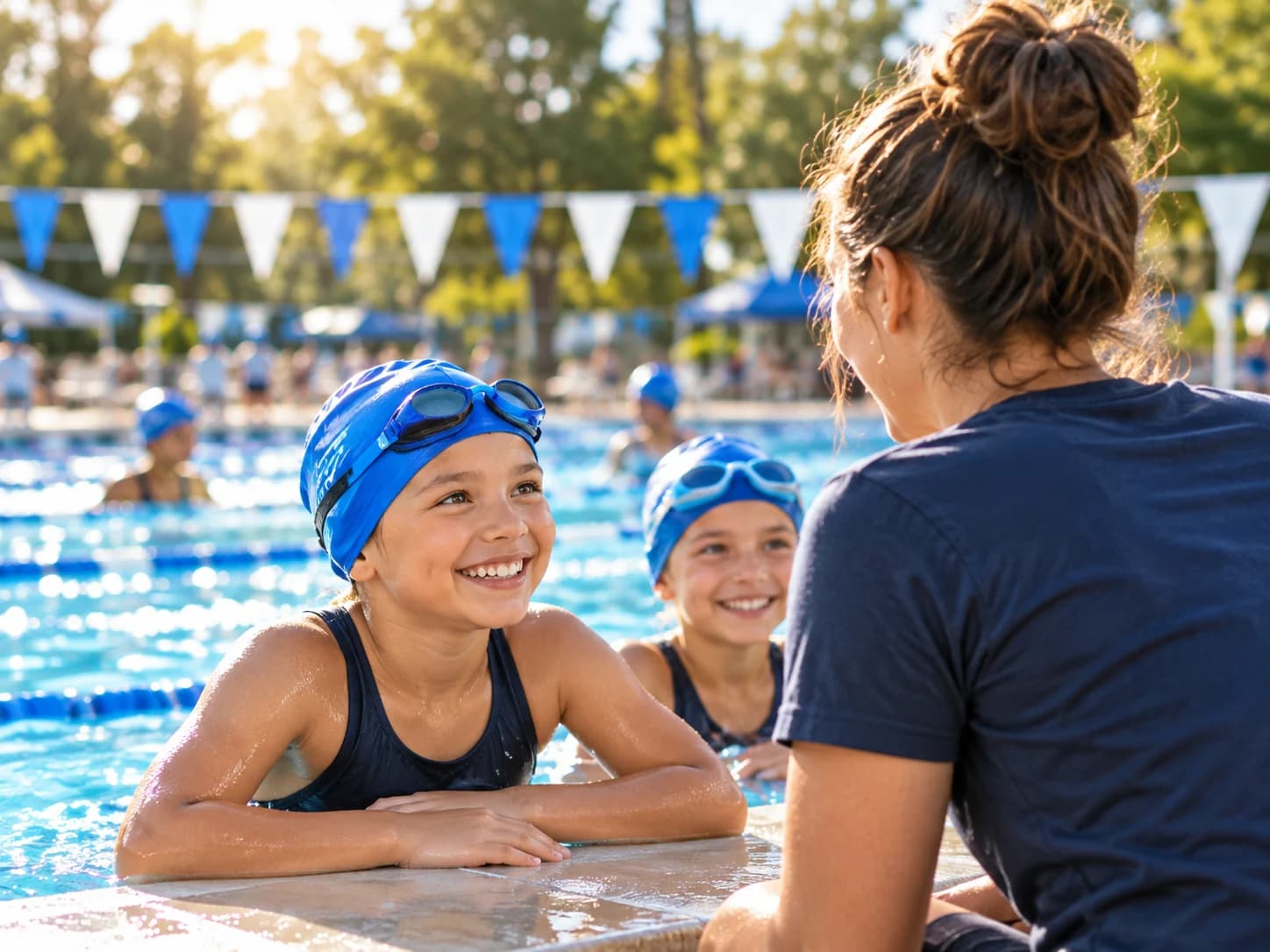 A swim instructor welcoming young swimmers at a community pool