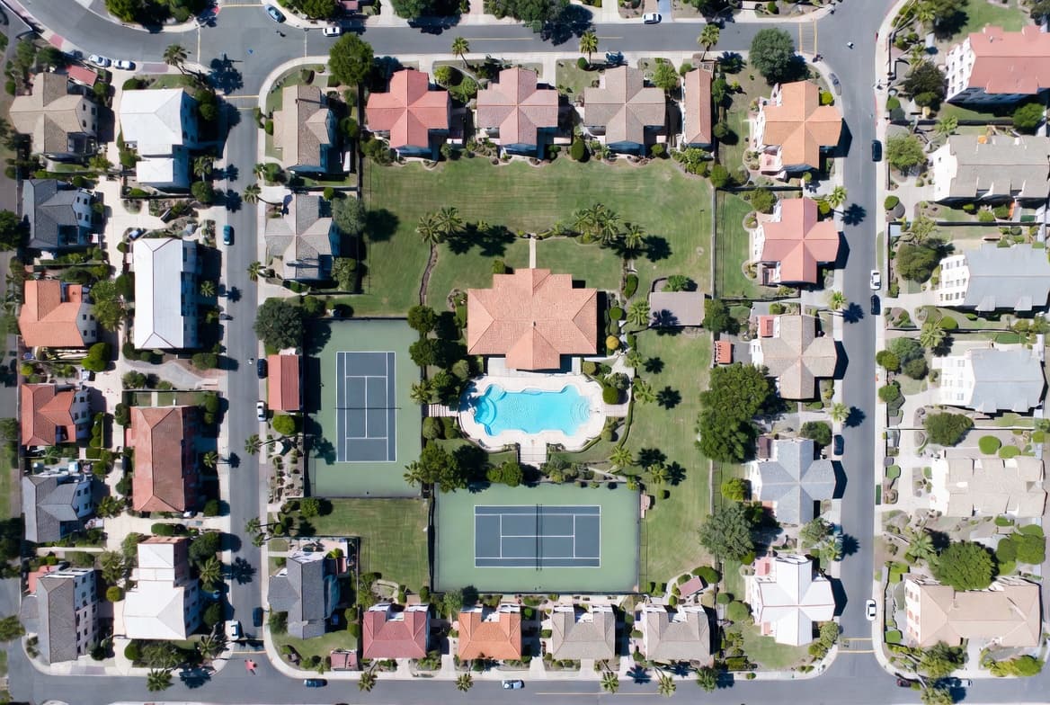 Top-down aerial view of HOA community with pool and two tennis courts
