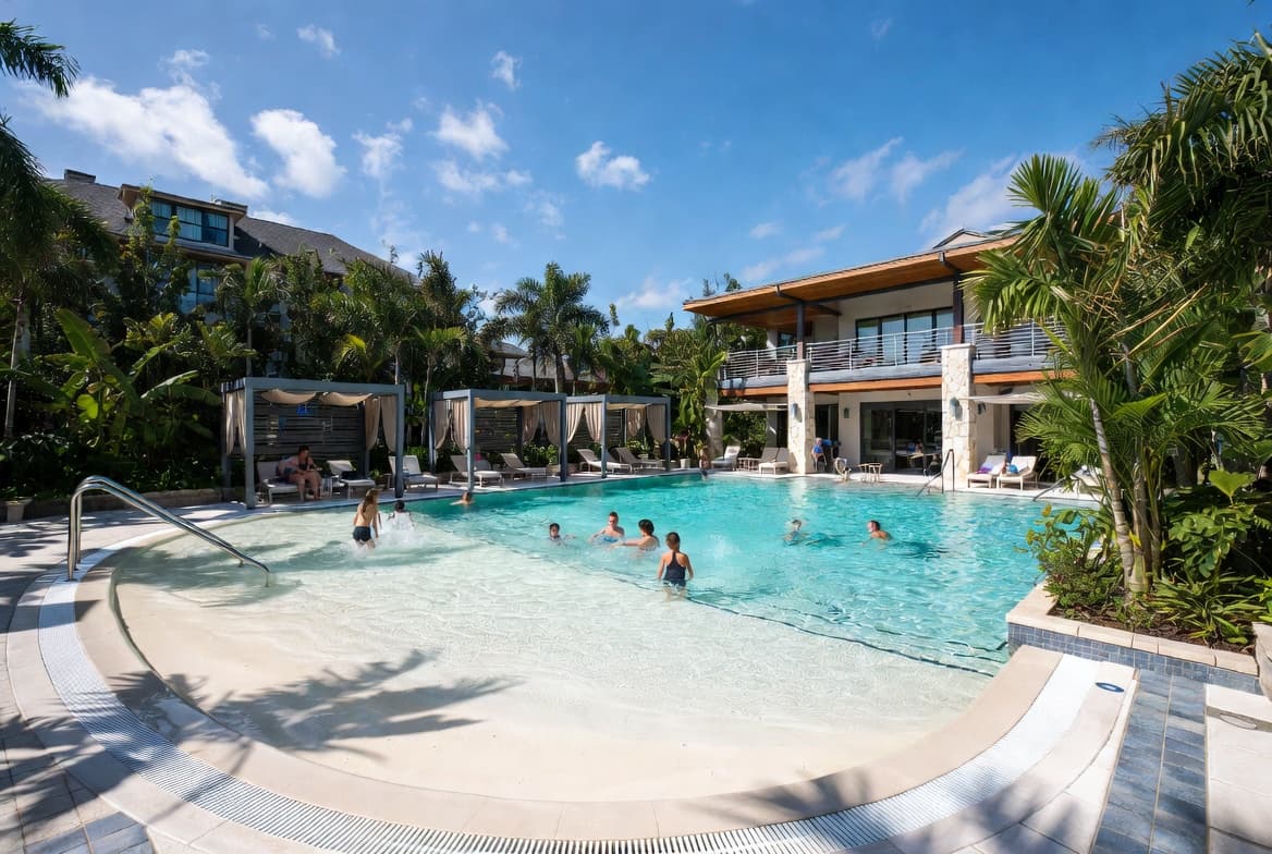 Residents enjoying a modern HOA community pool with tropical landscaping