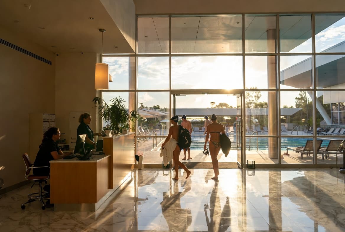 Swim club lobby opening toward the pool deck during an active club day