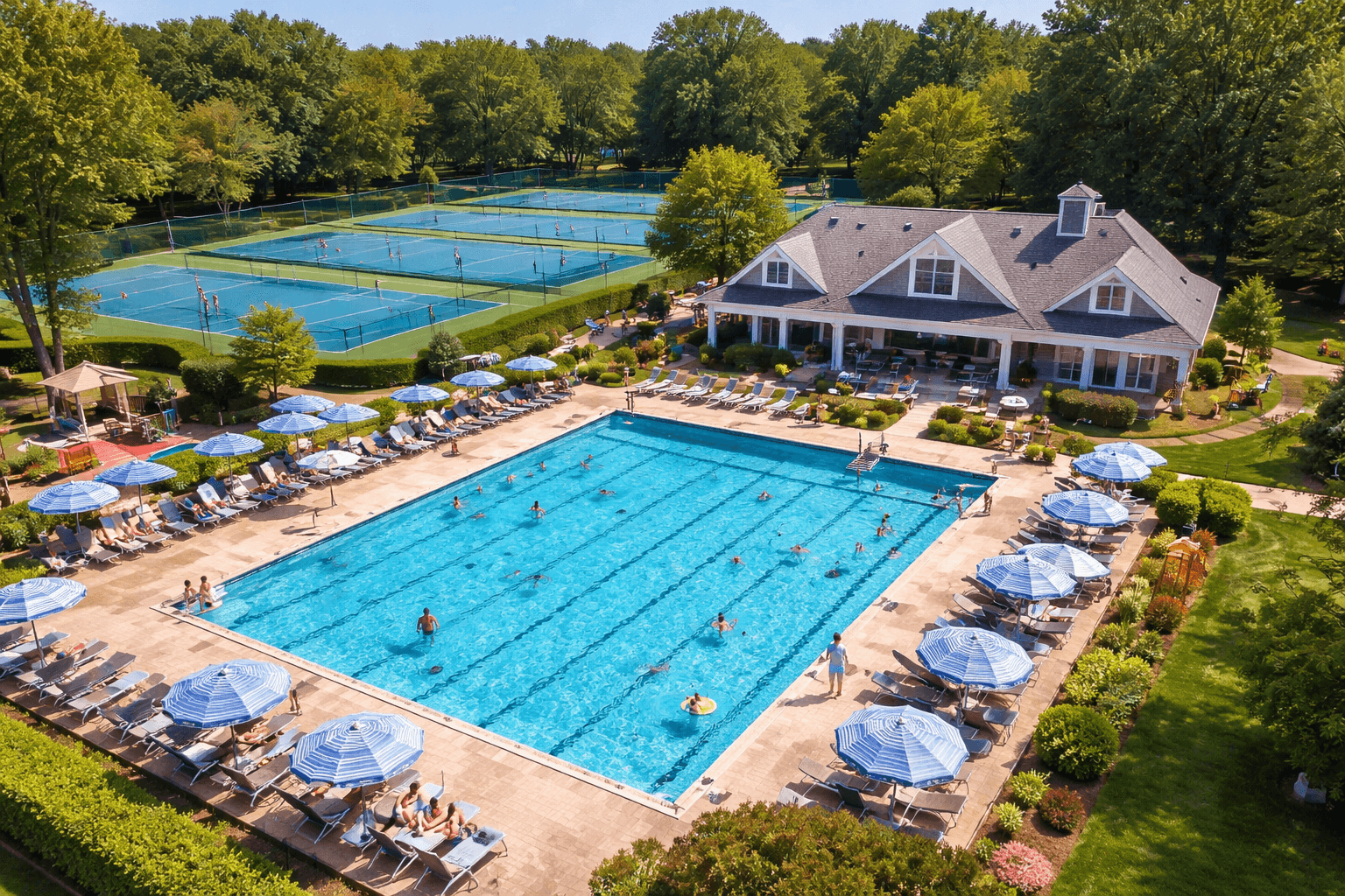 Swim club pool deck prepared for a busy day