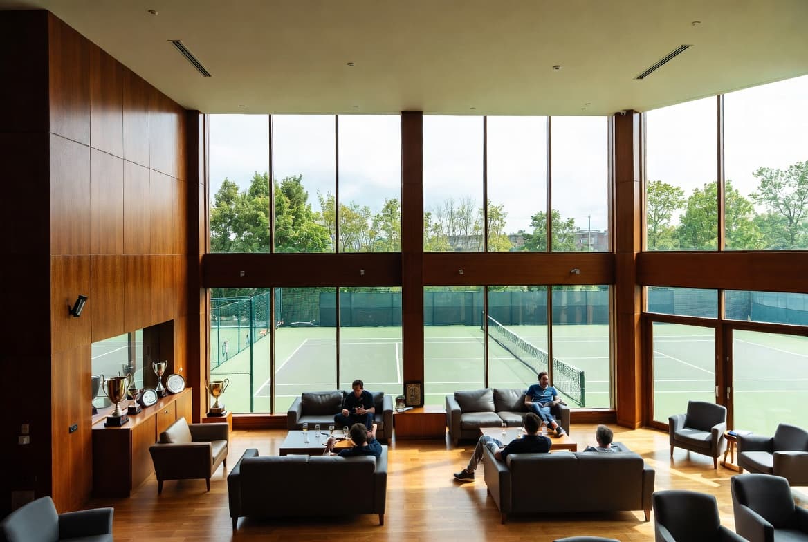 Tennis club lounge overlooking active courts