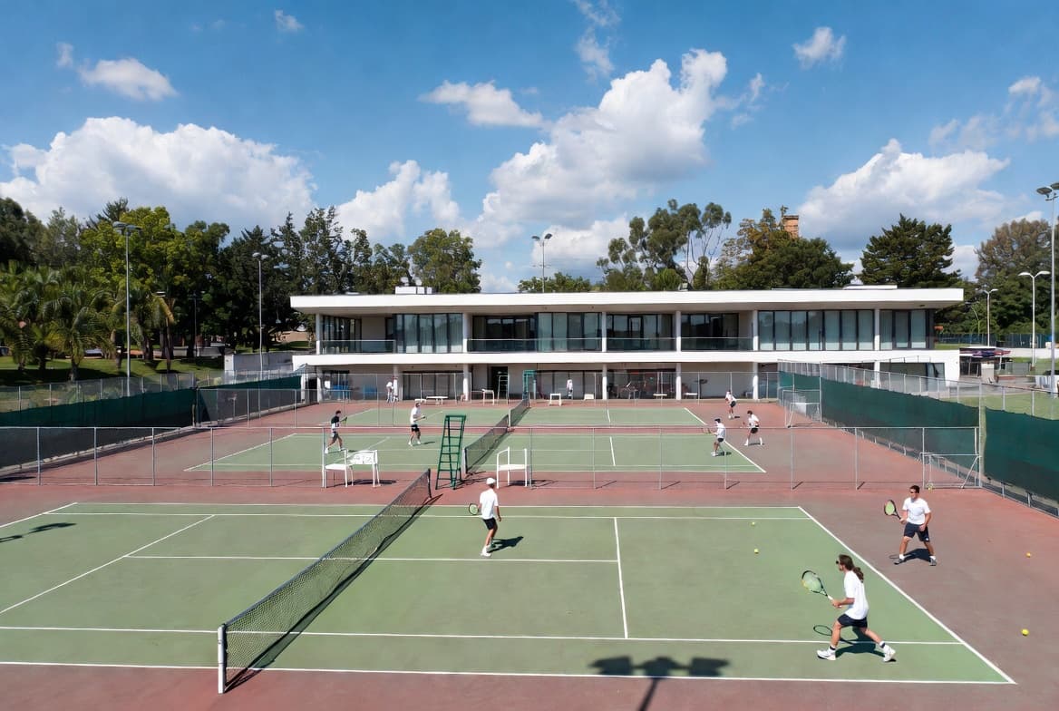 Busy tennis club with several active courts in use