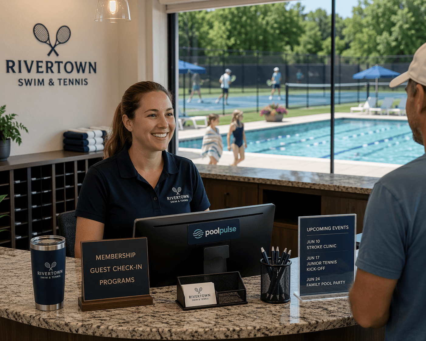 Front desk at a tennis and swim club with PoolPulse visible on screen