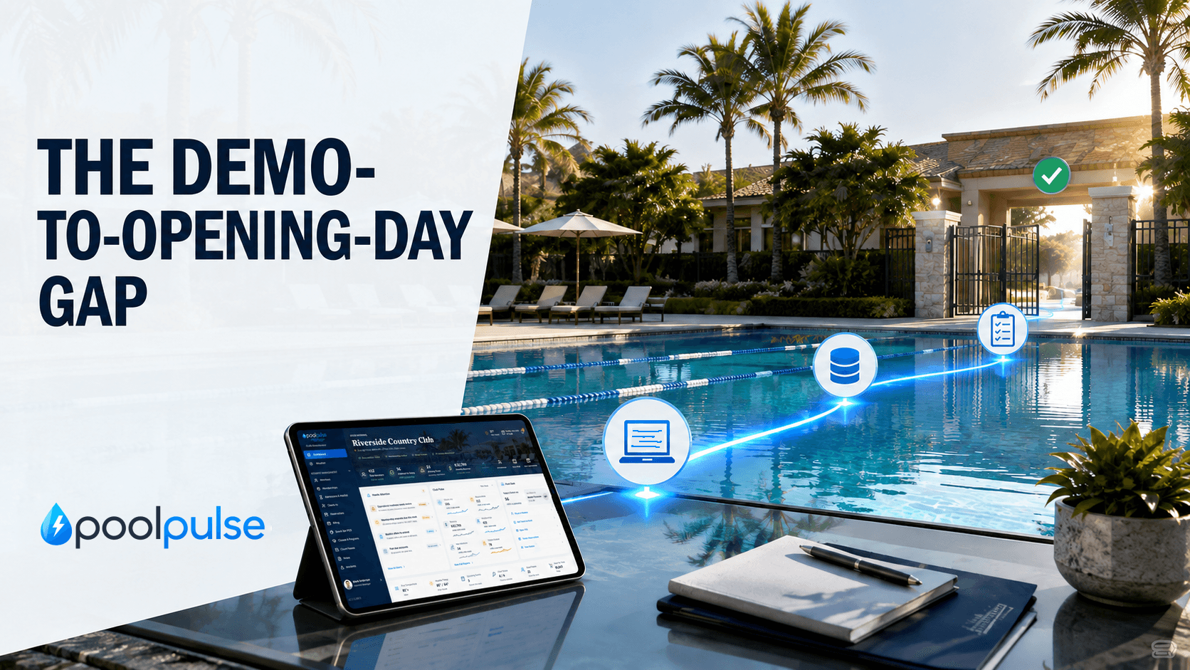 Swim club administrator comparing a software demo plan with an opening-day launch checklist