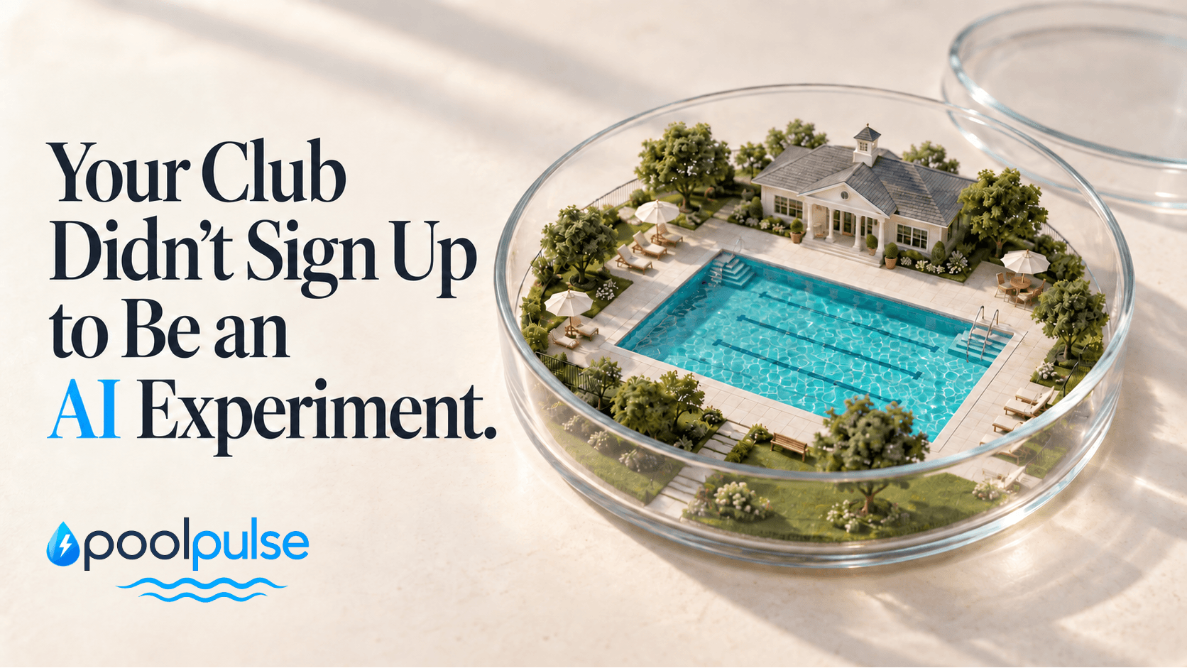 Miniature swim club inside a glass Petri dish beside the headline: Your Club Didn’t Sign Up to Be an AI Experiment.