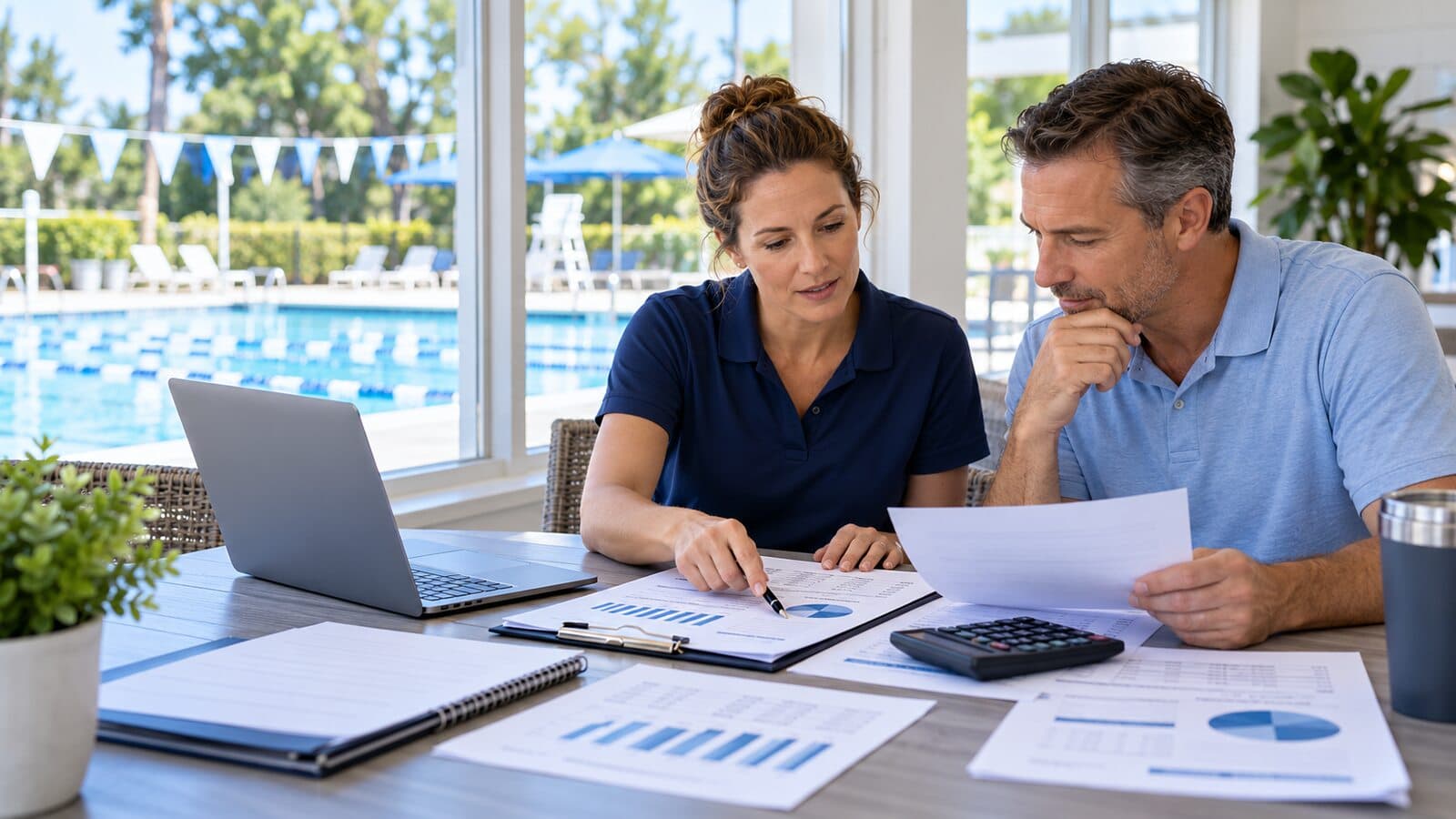 Club treasurer and manager review a 2027 operating budget beside a quiet outdoor pool.