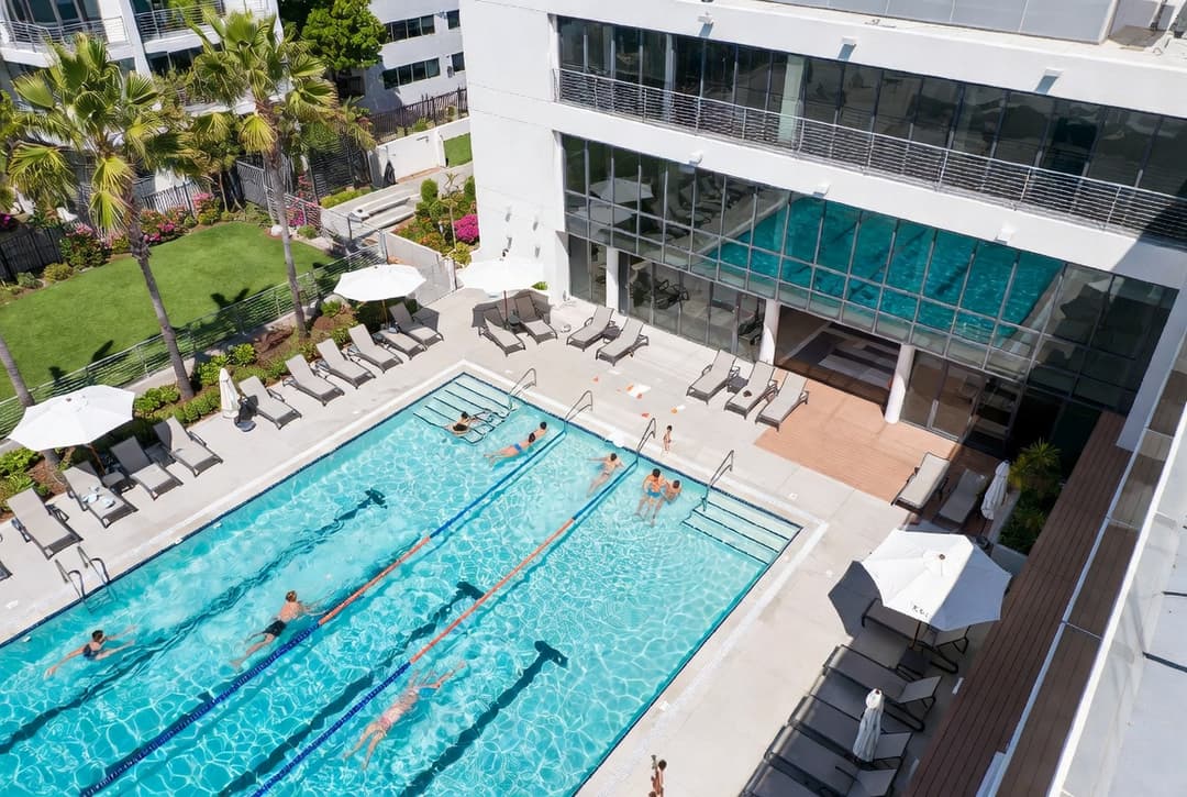 Overhead view of HOA pool with residents