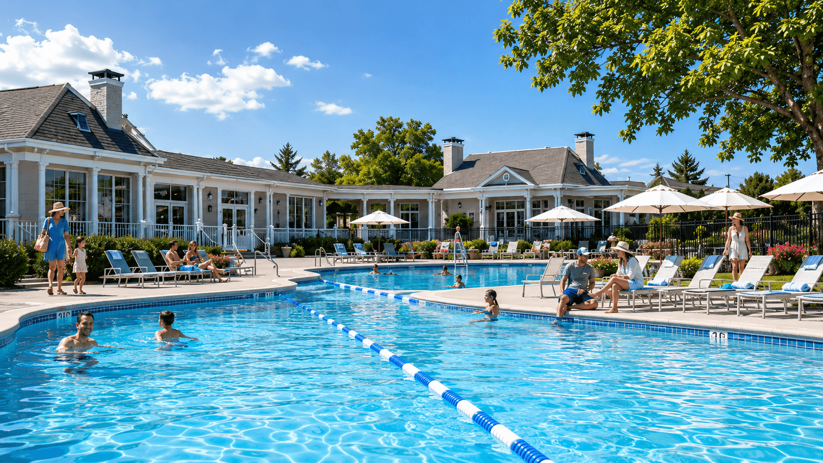 Club pool and clubhouse representing one connected PoolPulse workspace