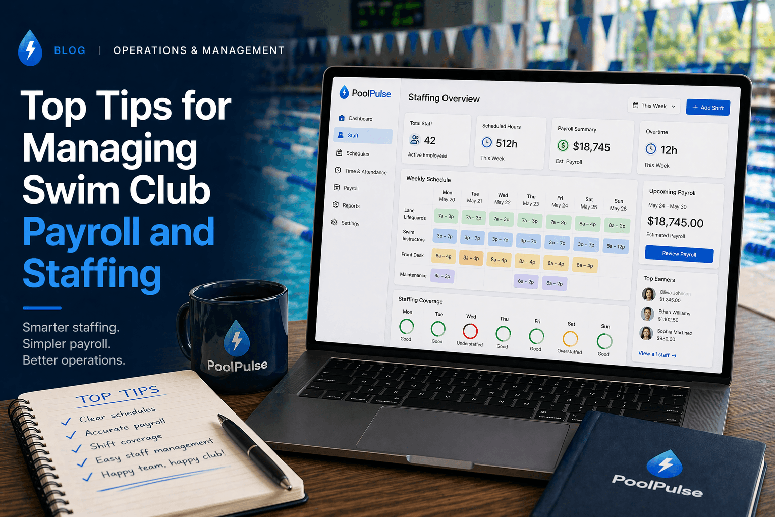 Editorial illustration for swim club staffing and payroll guidance