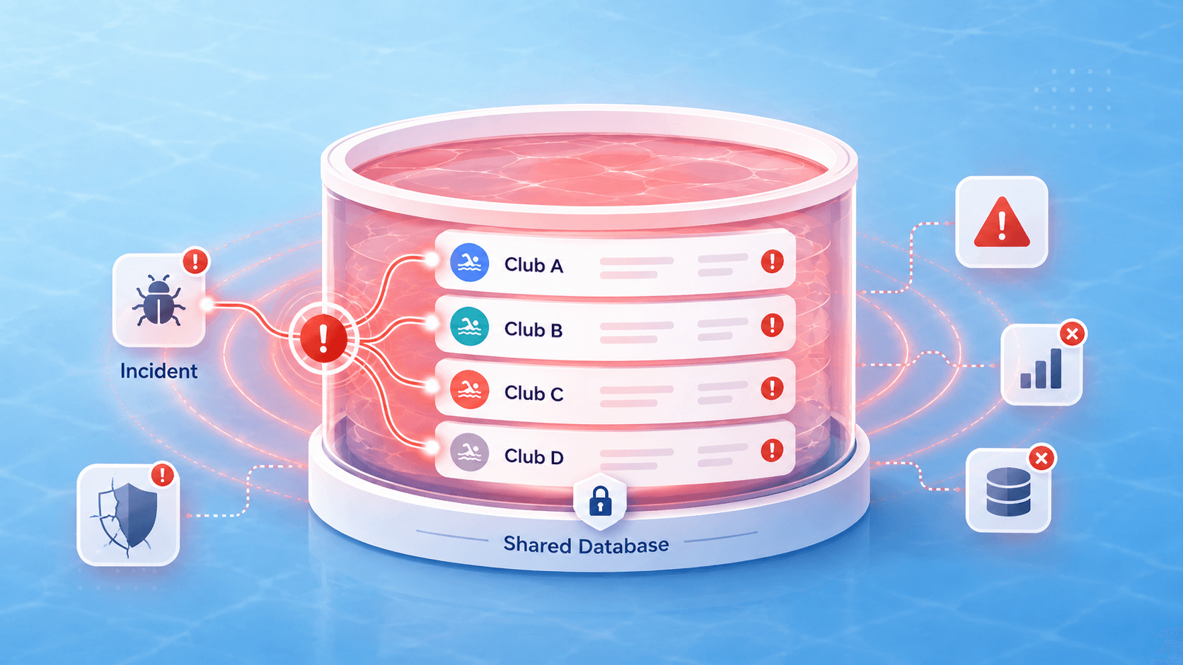 Shared database malware incident showing one incident signal spreading across Clubs A, B, C, and D