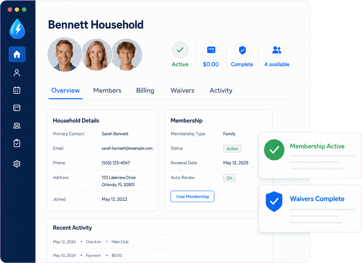 PoolPulse household member profile showing membership status, waivers and recent activity
