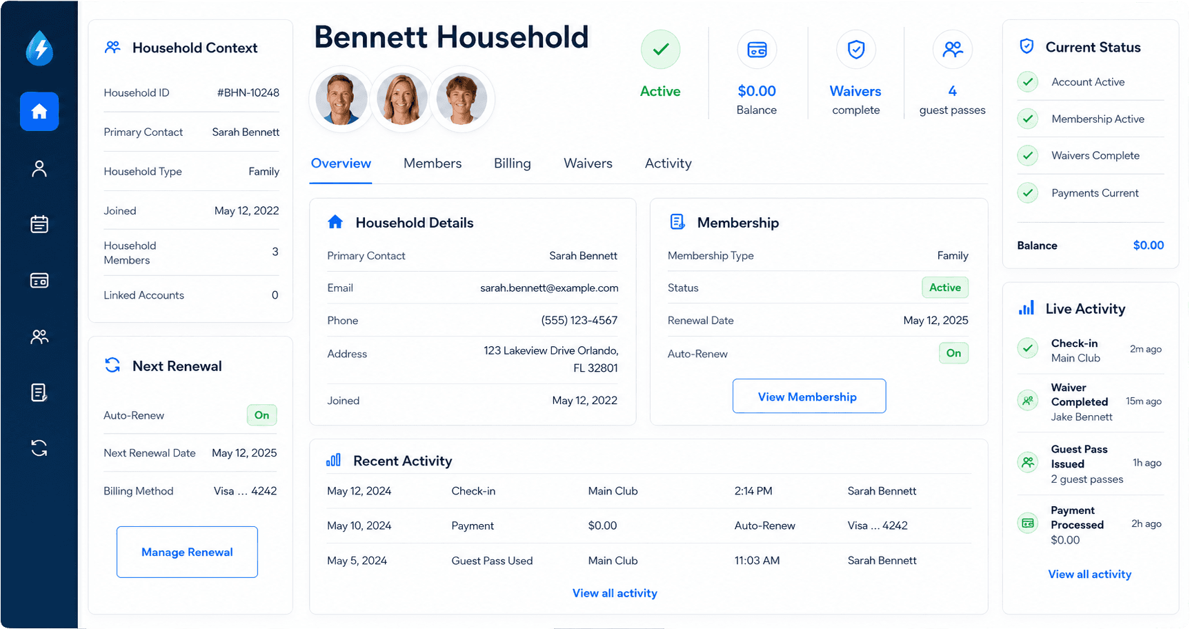 PoolPulse connected household record showing membership, balance, waivers, guest passes and activity