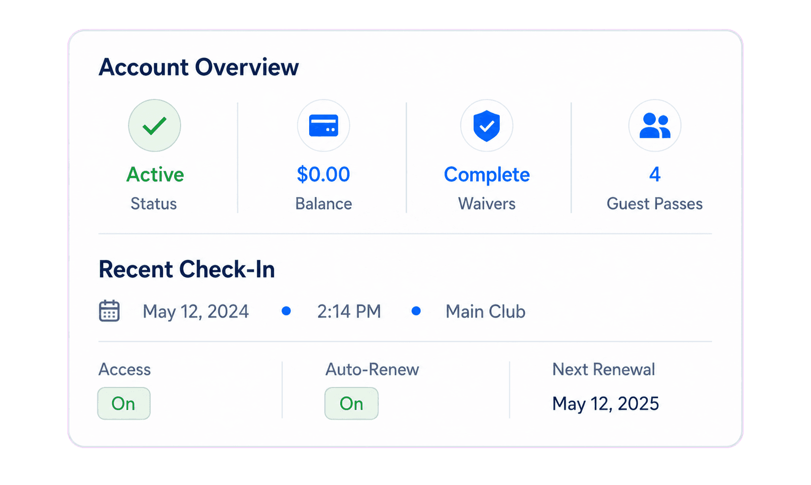 PoolPulse account overview showing a member's active status, balance, waiver completion, guest passes and renewal date