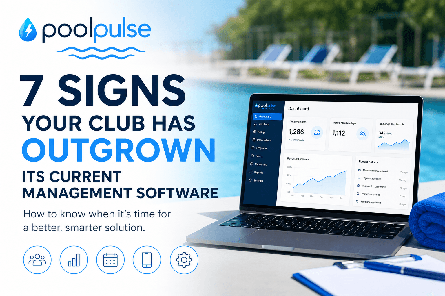 PoolPulse blog graphic showing seven signs a club has outgrown its current management software beside a poolside dashboard