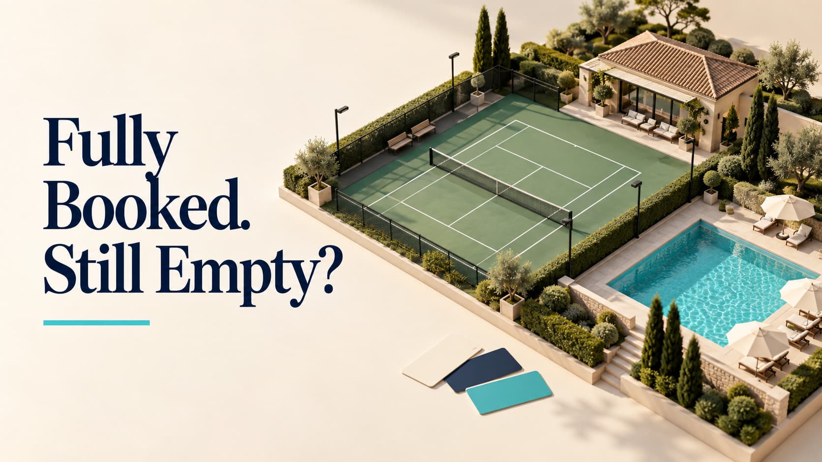 Miniature empty tennis court and pool beside the headline Fully Booked. Still Empty?