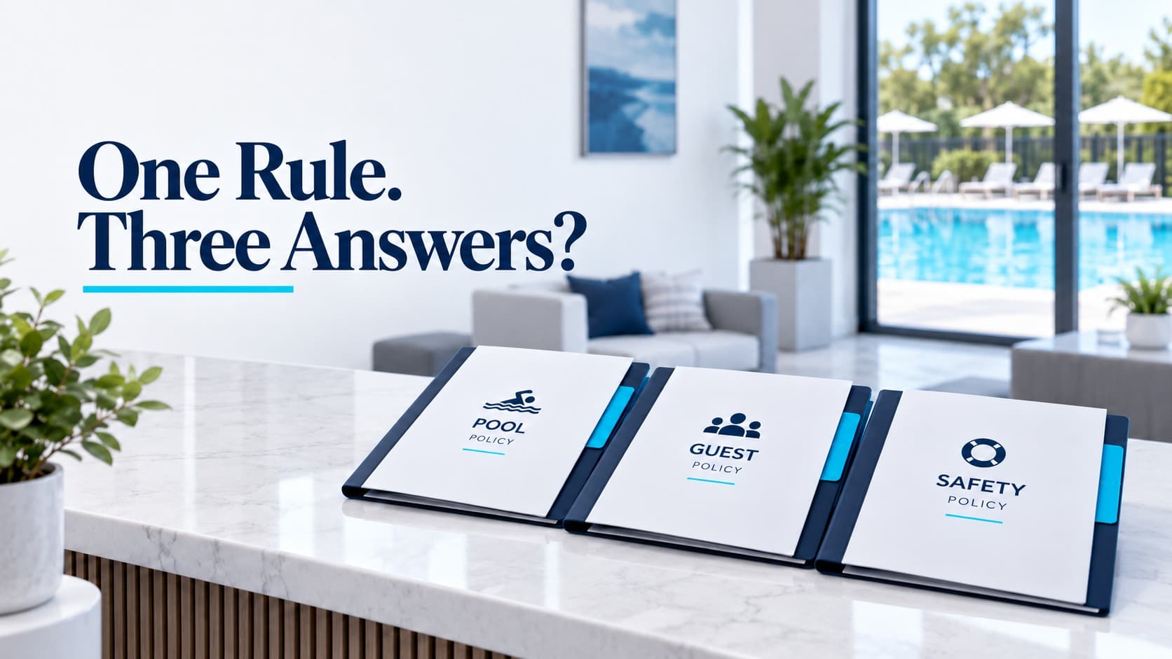 Three policy folders on a bright club reception counter, with the headline One Rule. Three Answers?