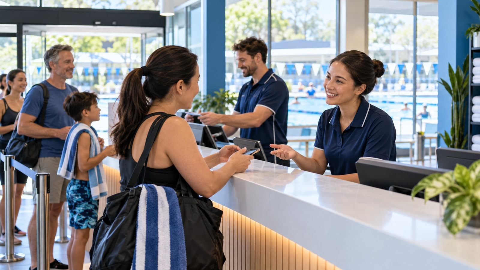 Front-desk lead calmly resolves a member check-in exception while keeping the entry line moving