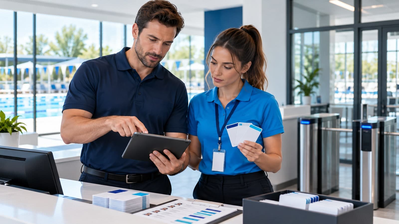 Club manager and operations lead review seasonal staff roles and access permissions at a front desk
