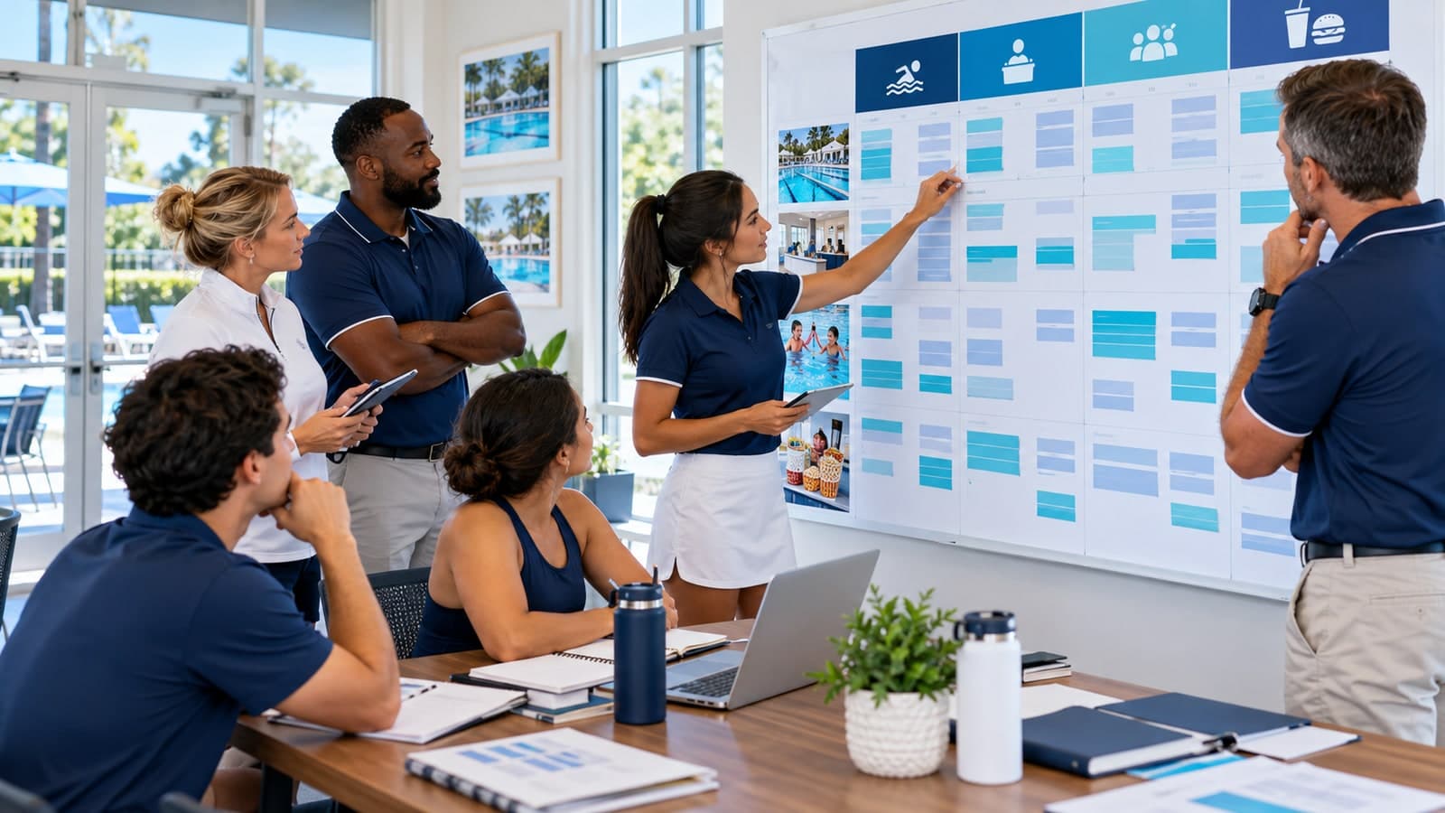 Club manager maps seasonal staffing coverage across pool, front desk, programs, and concessions
