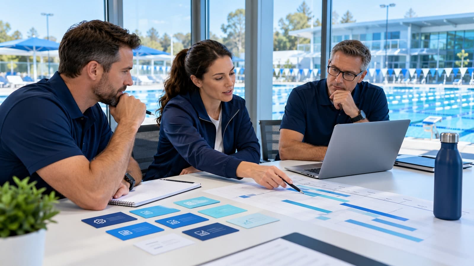 Club implementation team reviews a clear decision log beside a migration timeline