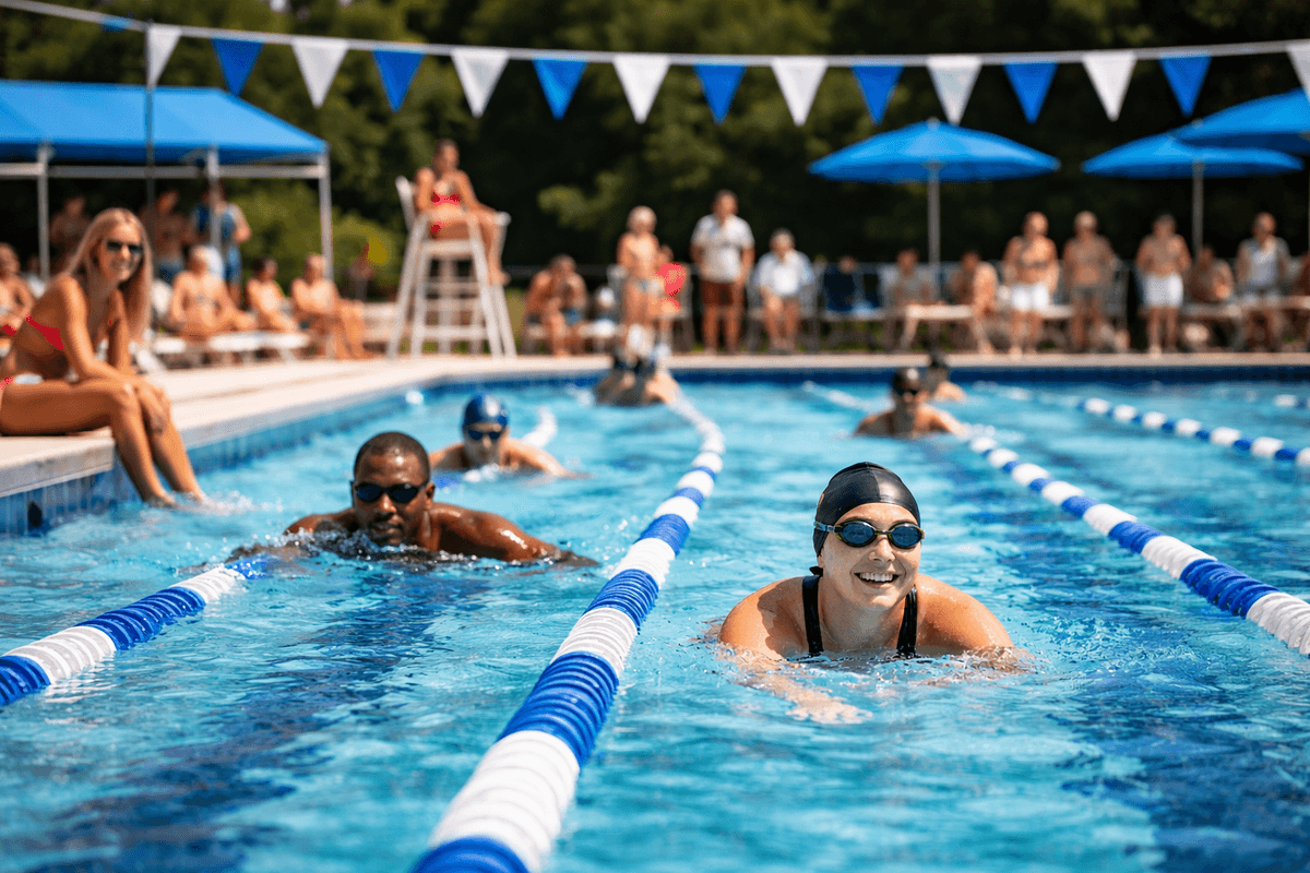 Swimmers in club pool lanes for sports club member activity
